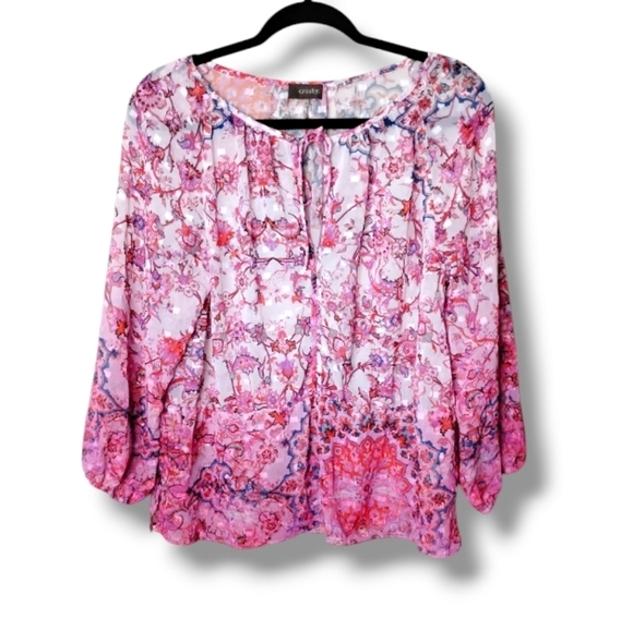 crosby. Tops - Crosby Sheer Boho Blouse — Pink Mixed Print Keyhole Tie — Medium Boho